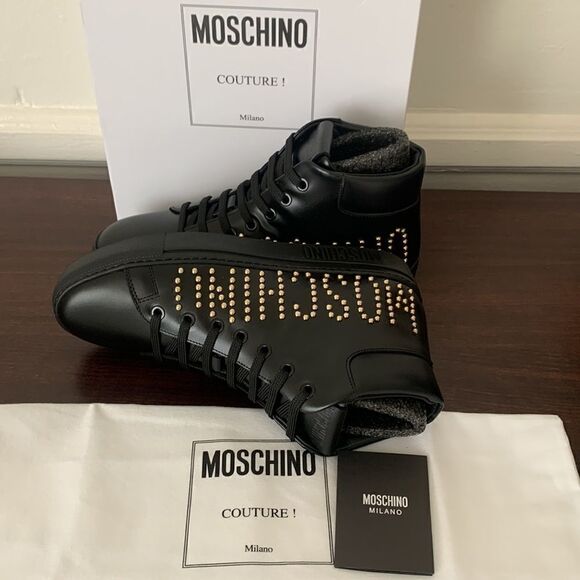 Moschino High Top logo studded leather sneaker in black size US 7 or EU 37 - Picture 10 of 12